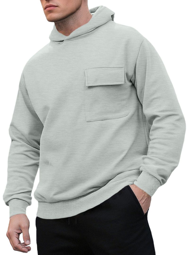 Felpa con cappuccio foderata in pile da uomo, vestibilità slim con tasche applicate, stile casual invernale (grigio chiaro/kaki/nero/grigio scuro/caffè)_voghion.com