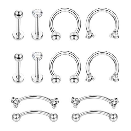 Set da 12 pezzi con anello per piercing, naso, sopracciglio, labbro, chiodo, orecchino_voghion.com