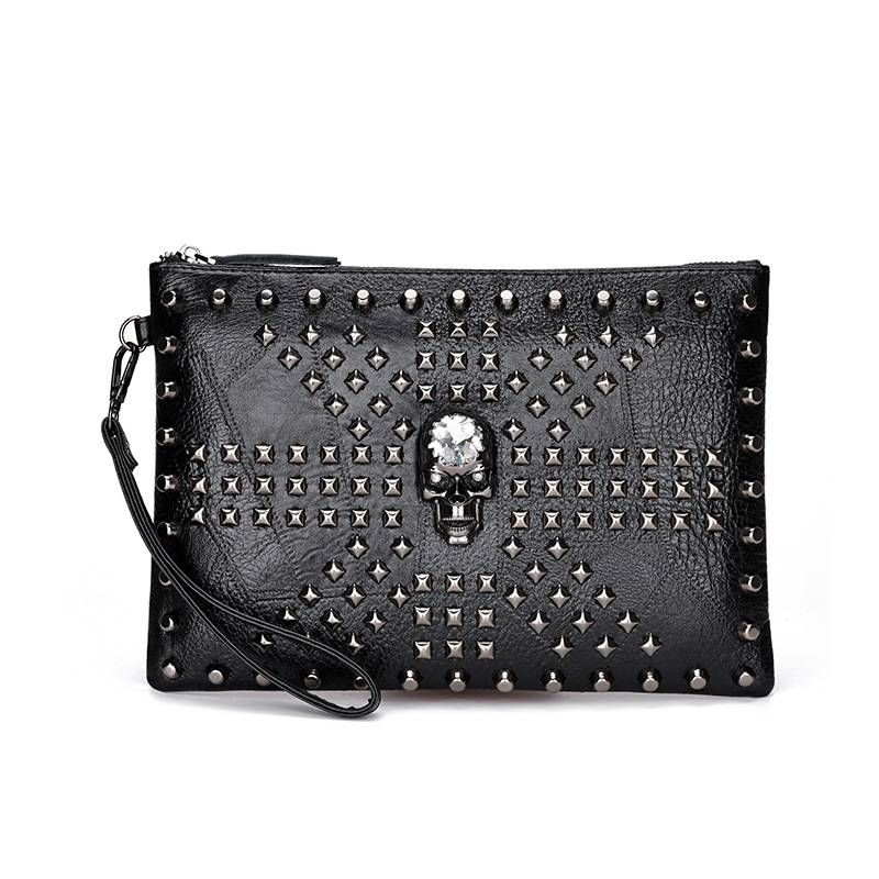 Men's Skull & Crossbones Studded Handbag – Vintage PU Leather Messenger Bag With Spikes, Large Capacity For Daily Essentials & 8-Inch Tablet_voghion.com