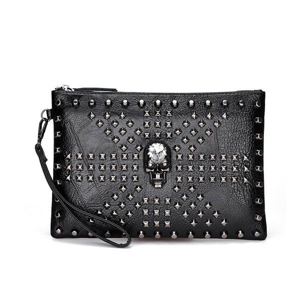 Men's Skull & Crossbones Studded Handbag – Vintage PU Leather Messenger Bag With Spikes, Large Capacity For Daily Essentials & 8-Inch Tablet_voghion.com