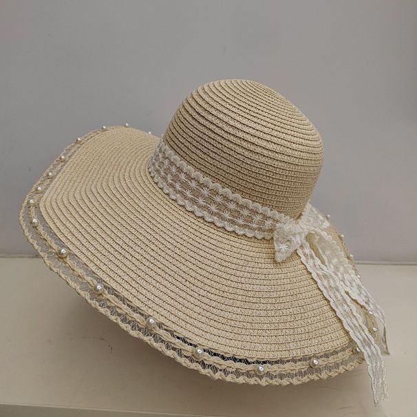 Summer Bowknot Straw Protection Vacation Lace Sun With Brim Beach Hat_voghion.com