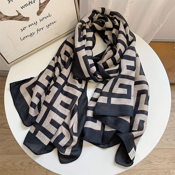 Μαύρο και άσπρο μοτίβο λαβύρινθου Vintage λεπτό κασκόλ, ελαφρύ απαλό ζεστό κασκόλ για γυναίκες_voghion.com