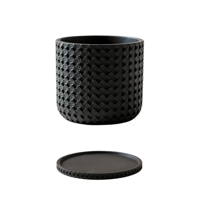 Woven Plaid Cement Small Flower Pot With Tray For Living Room Home Indoor Succulent Planter Balcony Decoration_voghion.com