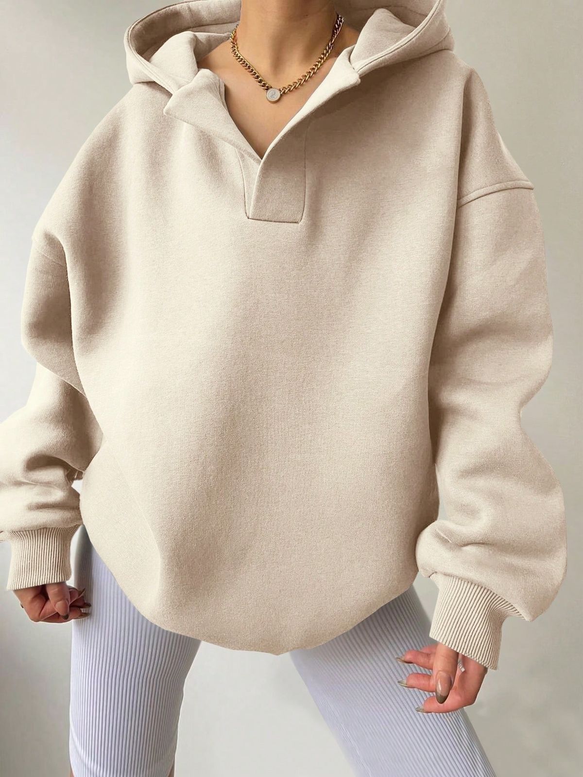 Women's Clothing Sweatshirt Solid Color Long Sleeve Hooded Solid Color Loose Sweater Women's Top_voghion.com
