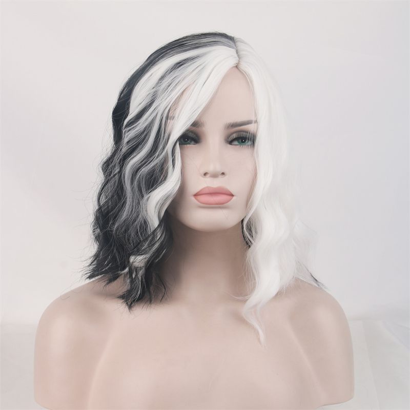 Parrucca alla moda, parrucca corta, parrucca sfumata in bianco e nero, con riga laterale, per donne, simulazione anime_voghion.com
