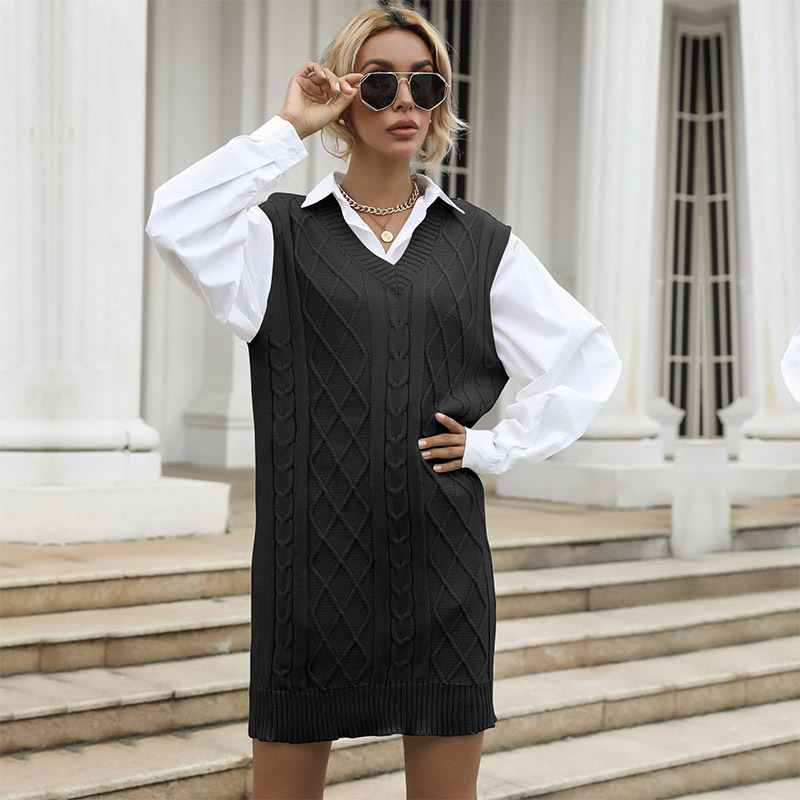 Langes, einfarbiges Weste-Pulloverkleid mit V-Ausschnitt für Damen_voghion.com