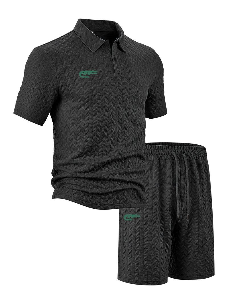 Men's Clothing 25 Summer Cross Border Fashion Jacquard Fabric Small Print Polo Casual Sports Suit_voghion.com