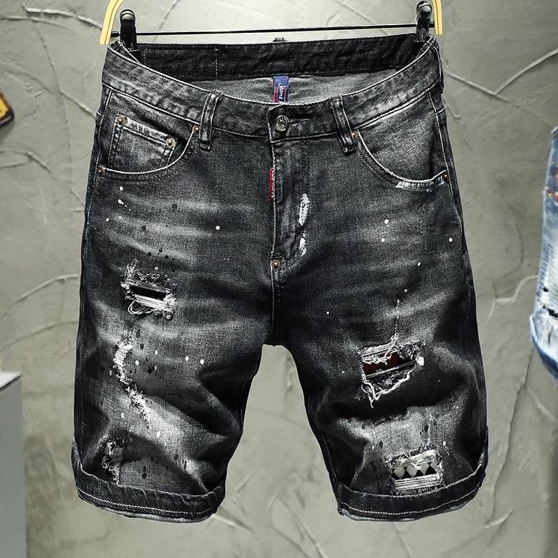 Men's Clothing 25 New Denim Shorts Cotton Elastic Black And Gray Ripped Jeans_voghion.com
