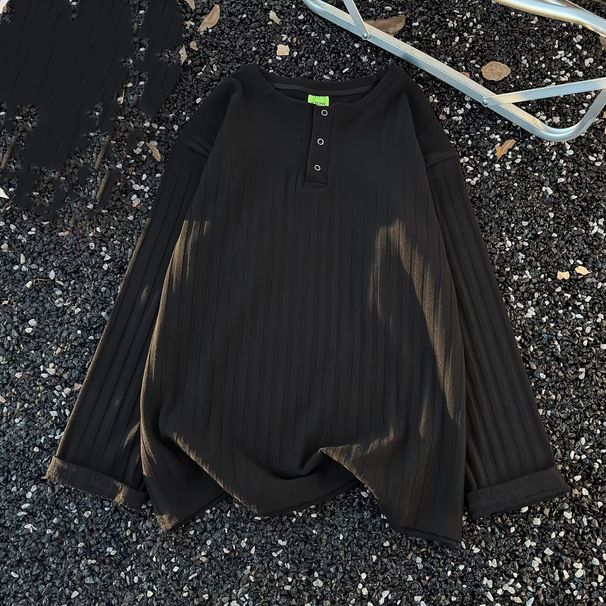 Men’s Retro Shirt – Streetwear Style, Embroidered Lettering, Half-Zip Design (M-3XL, Striped, Lightweight)_voghion.com