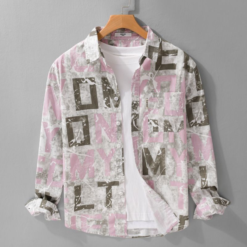 Camicia a maniche lunghe da uomo – Camicia casual oversize in cotone con stampa a lettere_voghion.com