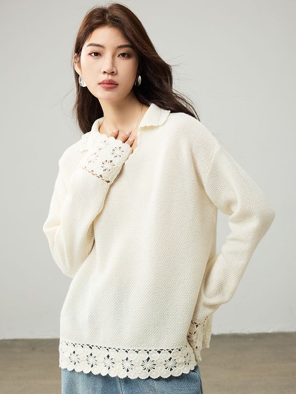 Merino 100% wollen kanten kraag losse trui voor dames 2025 nieuwe herfst high-end haakwerk breigoed_voghion.com