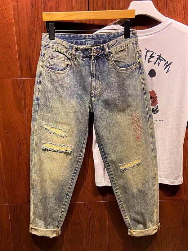Herrenbekleidung Lässige Jeans Trendy Nostalgisches Retro-Design mit zerrissenen Patchnähten Lockere, konische Haremshose_voghion.com