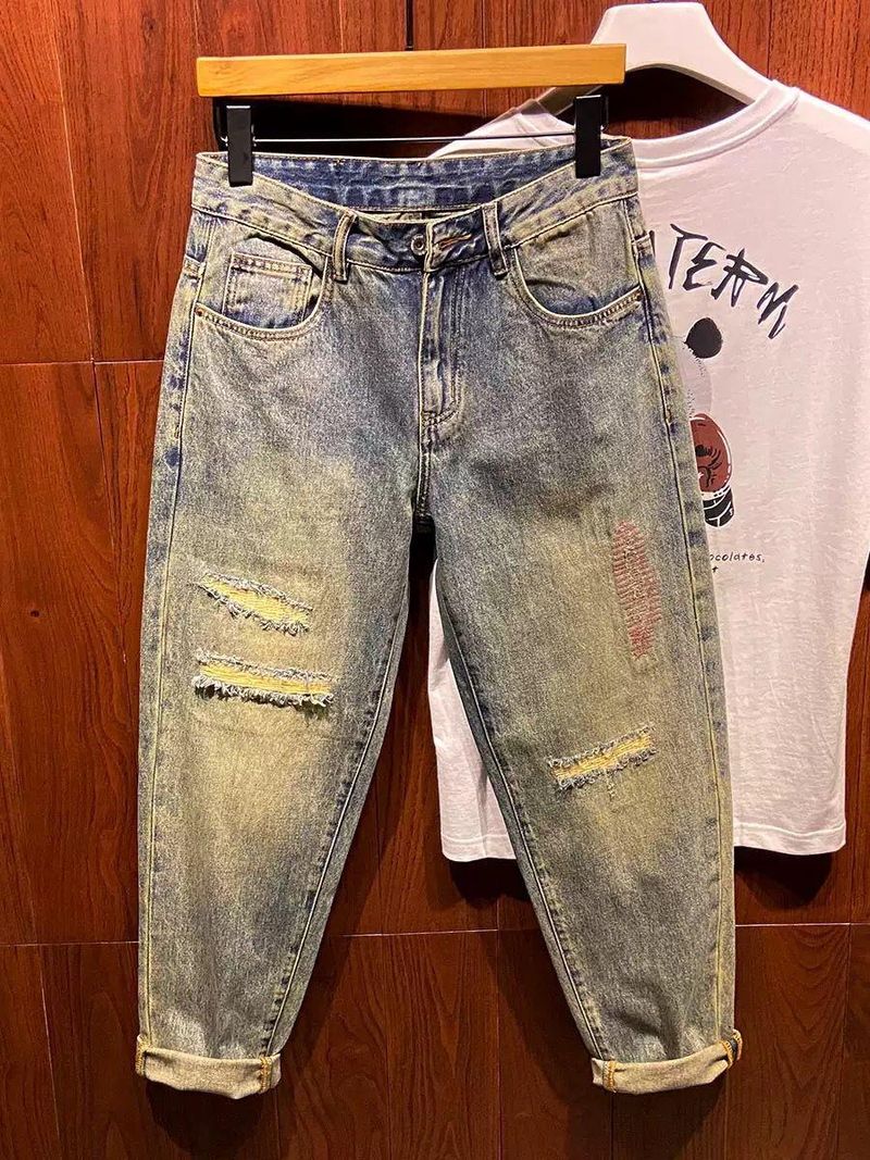 Vêtements pour hommes Jeans décontractés Tendance Nostalgique Rétro Déchiré Patch Couture Conception Ample Fuselé Sarouel_voghion.com