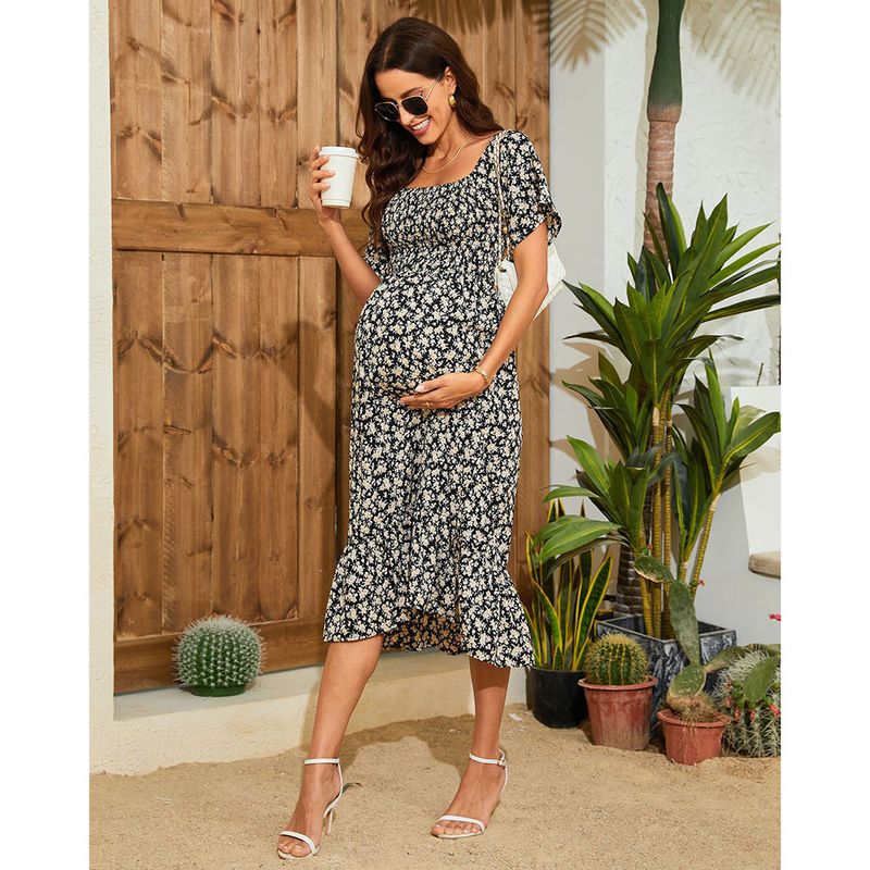 Pregnant women's large elastic dress, printed, square neck, off the shoulder, casual_voghion.com