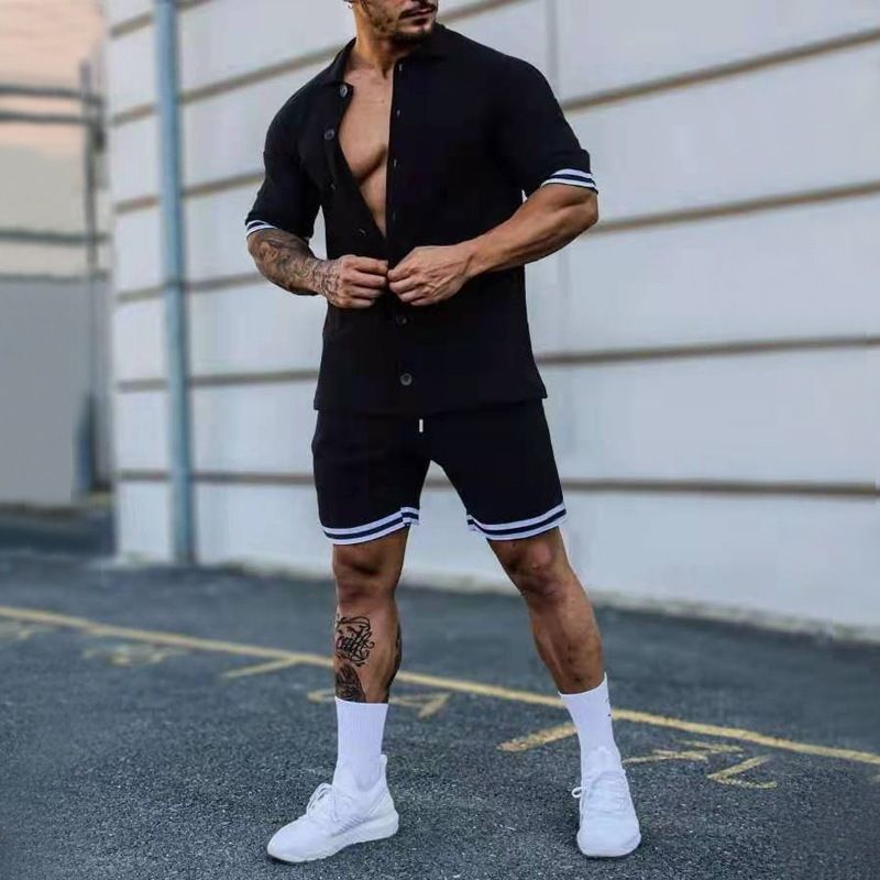 Abbigliamento uomo 2024 Estate Nuovo Uomo Trendy Abito con revers Tinta unita Camicia a maniche corte Set due pezzi Disponibile_voghion.com