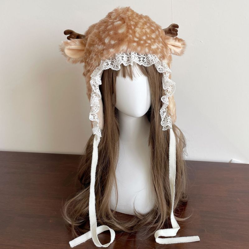 Skovpige-påklædningsfigur, plyssimulering, sød blonde-hjorte-show-ansigt, lille, tyk, varm ørebeskyttelse, Lei Feng-hat_voghion.com
