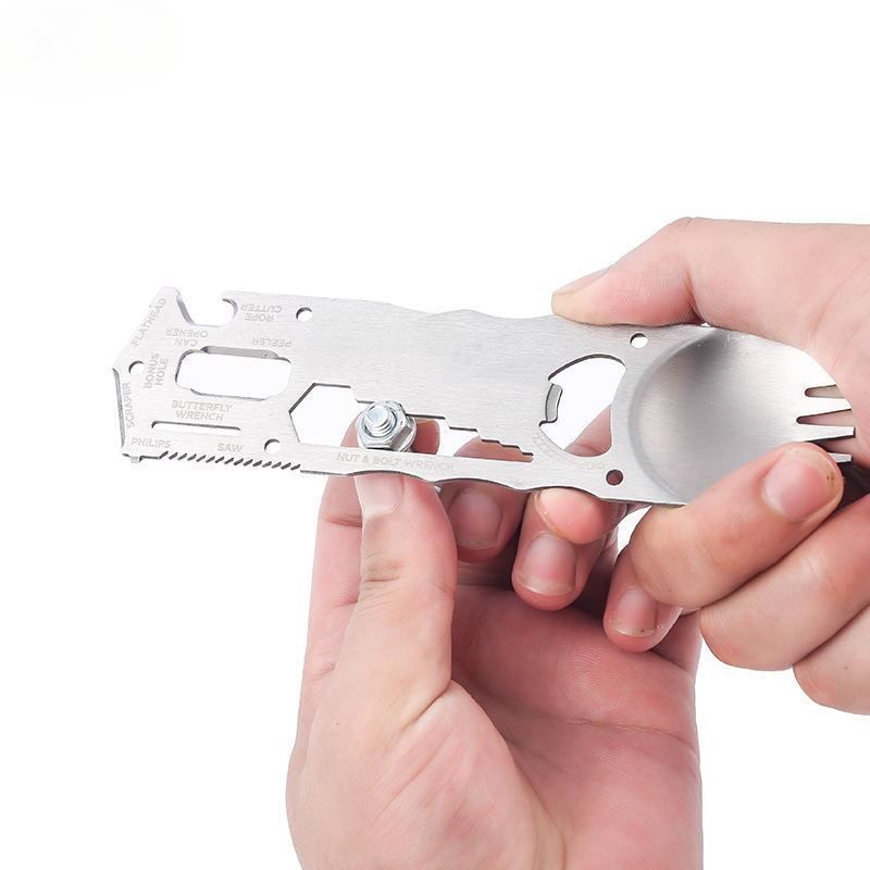 Cuillère, fourchette, couteau, vaisselle de camping en plein air multifonctionnelle et créative intégrée en acier inoxydable_voghion.com