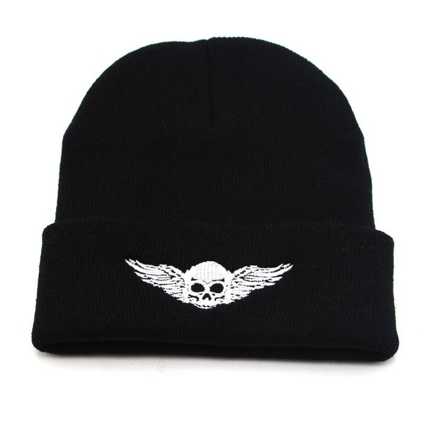 Nuovo cappello da sci autunnale e invernale con teschio e ali ricamate, in maglia, da uomo e da donna, caldo cappello di lana per l'esterno_voghion.com