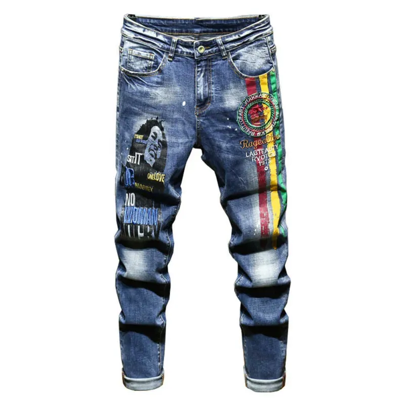 Miesten kirjaimet kirjonta Maalattu Stretch Denim Farkut Streetwear Trendikäs ohuet suorat housut housut T221102_voghion.com