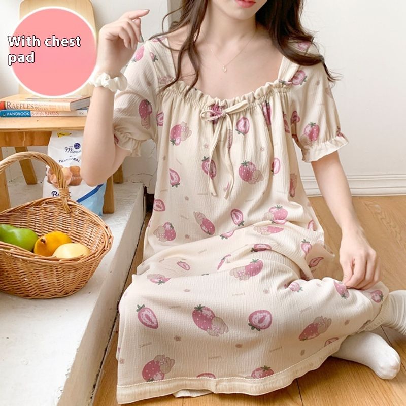 Wrinkled cloth sleepwear for girls in summer, sweet princess style short sleeved with chest cushion, medium length loose_voghion.com