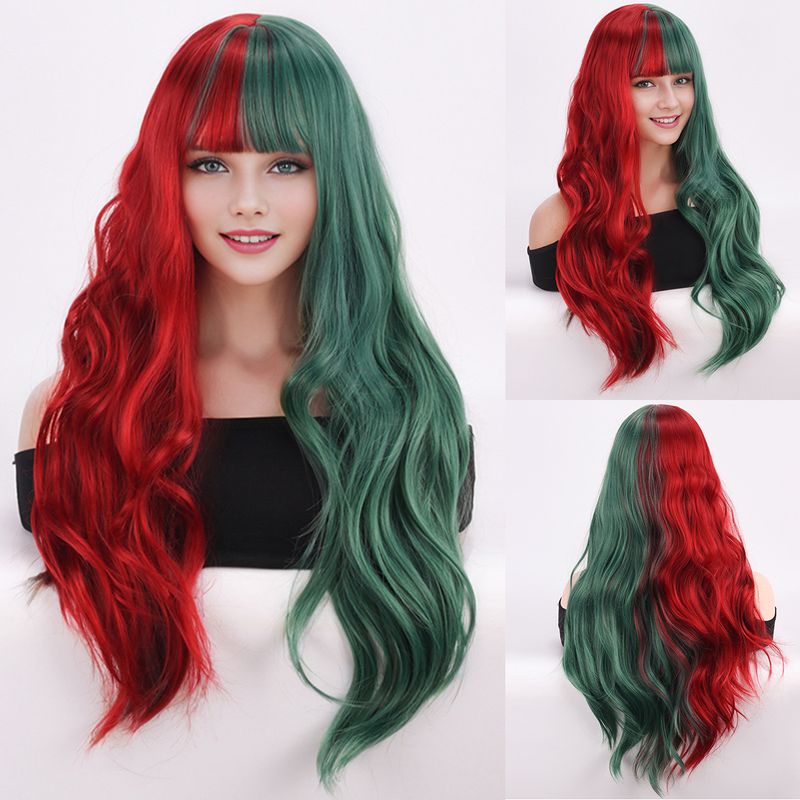 Weihnachtsperücke in Rot und Grün, gewelltes langes lockiges Haar, Pony, langes Haar, realistische Perücke aus natürlichen Chemiefasern, Kopfbedeckung_voghion.com