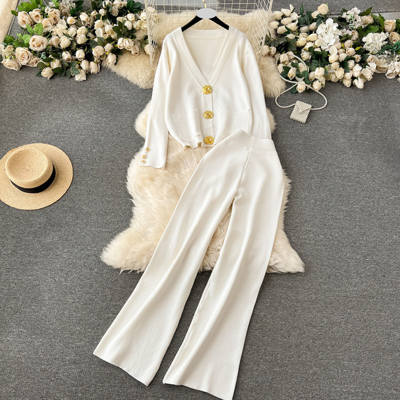 Women's Clothing small dress versatile metal button long sleeved cardigan sweater wide leg pants knitted two piece suit_voghion.com