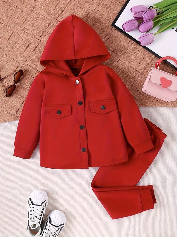 Ensemble veste à capuche et pantalon à manches longues pour fille – Tenue élégante en polyester (2-7 ans, bordeaux)_voghion.com