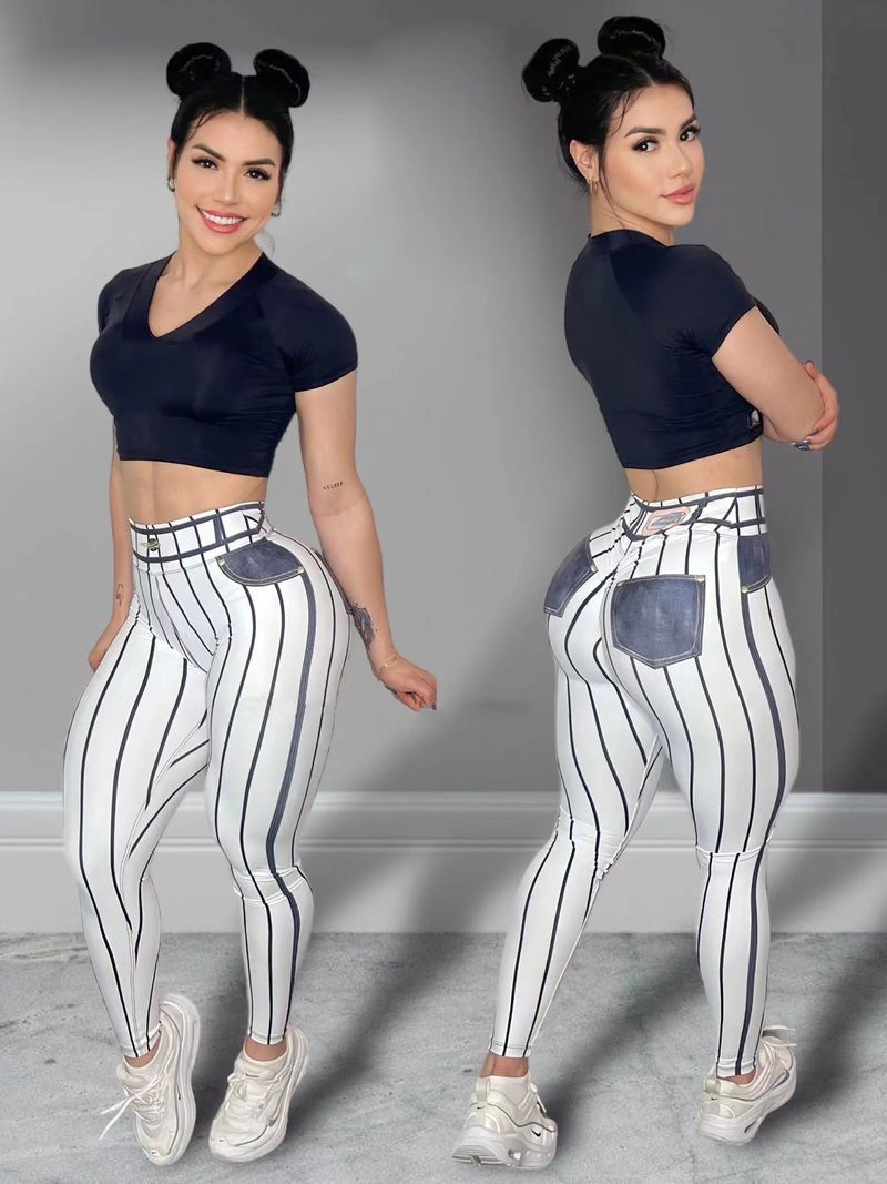 Populære imiteret denimlinje til kvinder, yogabukser med høj talje, sexet trendy sport fitness-bukser til kvinder_voghion.com