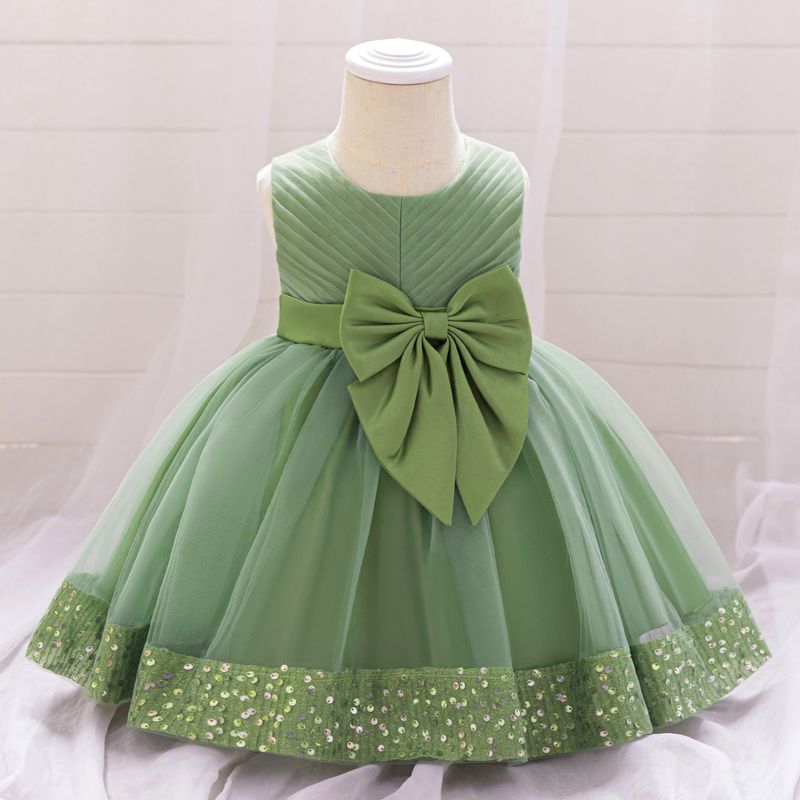 Baby Christening Gown (70-110cm/6M-3Y) | Sparkling Tulle Dress With Oversized Bow For Baptism & Birthday_voghion.com