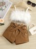 Baby Clothing Furry halter top Solid color open-pocket leather pantsuit with belt_voghion.com