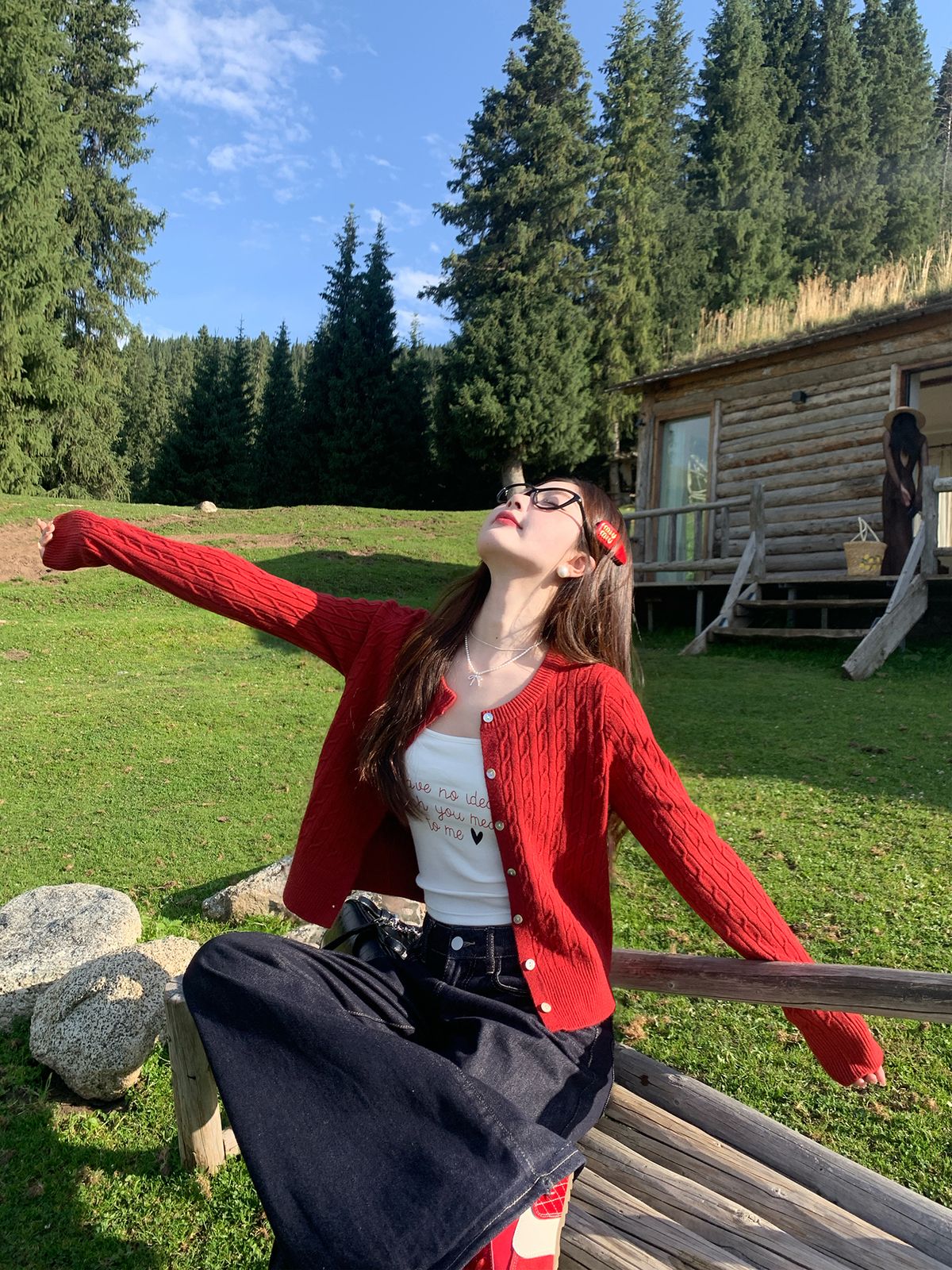 Red Knitted Cardigan For Women Early Atmosphere Outfit Braided Sweater Spring Autumn Coat Top_voghion.com