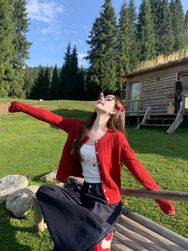 Red Knitted Cardigan For Women Early Atmosphere Outfit Braided Sweater Spring Autumn Coat Top_voghion.com