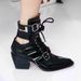 2021 Fashion Show Chunky Heel Hollow Lace-up Genuine Leather Belt Buckle Pointed Toe Ankle Boots Plus Size Shoes_voghion.com