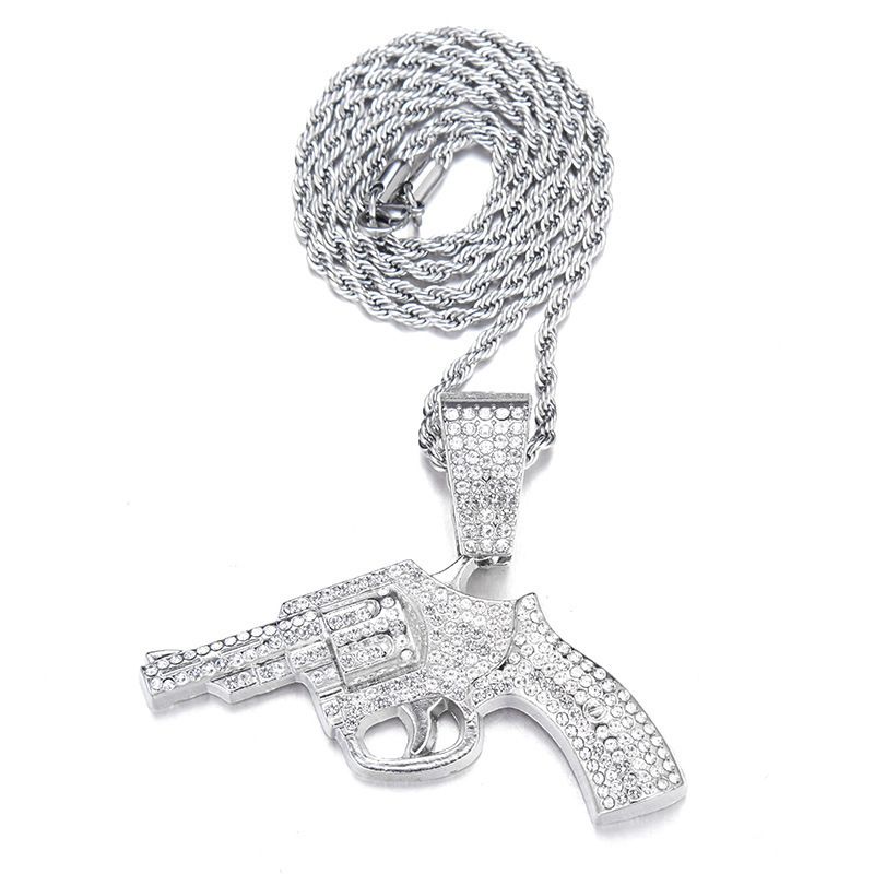 Hip hop men's jewelry trendy exaggerated full diamond gun pendant Cuban chain accessories necklace neck chain_voghion.com