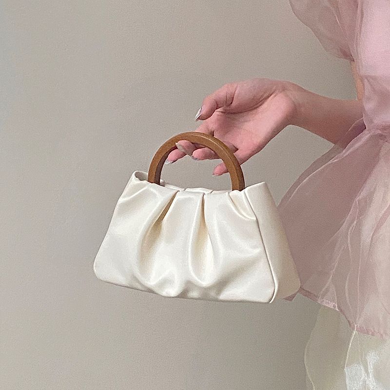 2024 Korean version new wooden handle pleated cloud small handheld women's bag, single shoulder crossbody mini bag_voghion.com