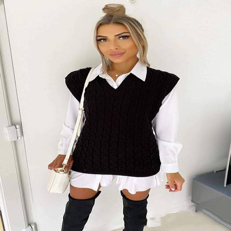 Women's Clothing Vest Retro Twisted Rope Pullover V Neck Sleeveless _voghion.com