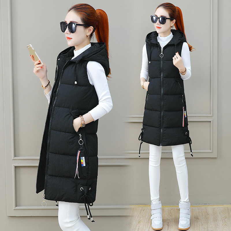 Women's Autumn And Winter Wear New Korean Version Of Loose Medium Long Cotton Vest Female Thick Warm Hooded Cotton Vest Coat_voghion.com