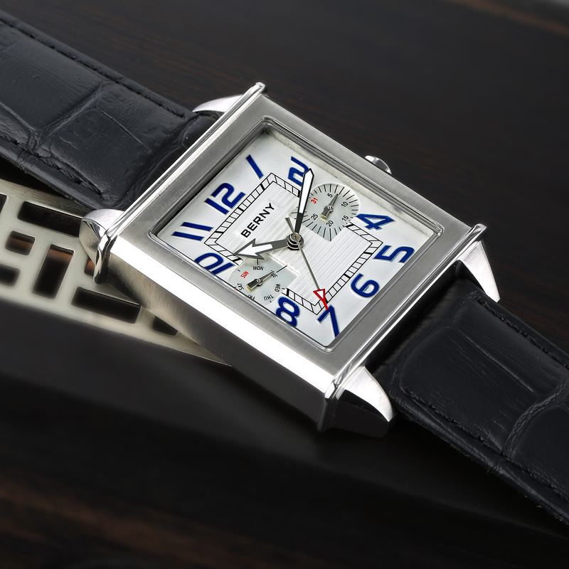 BERNY Lederuhren für Herren, rechteckiges Gehäuse, leicht ablesbare analoge Quarzuhr mit Tag- und Datumsanzeige, leuchtender Edelstahl-Armbanduhr, wasserdicht_voghion.com