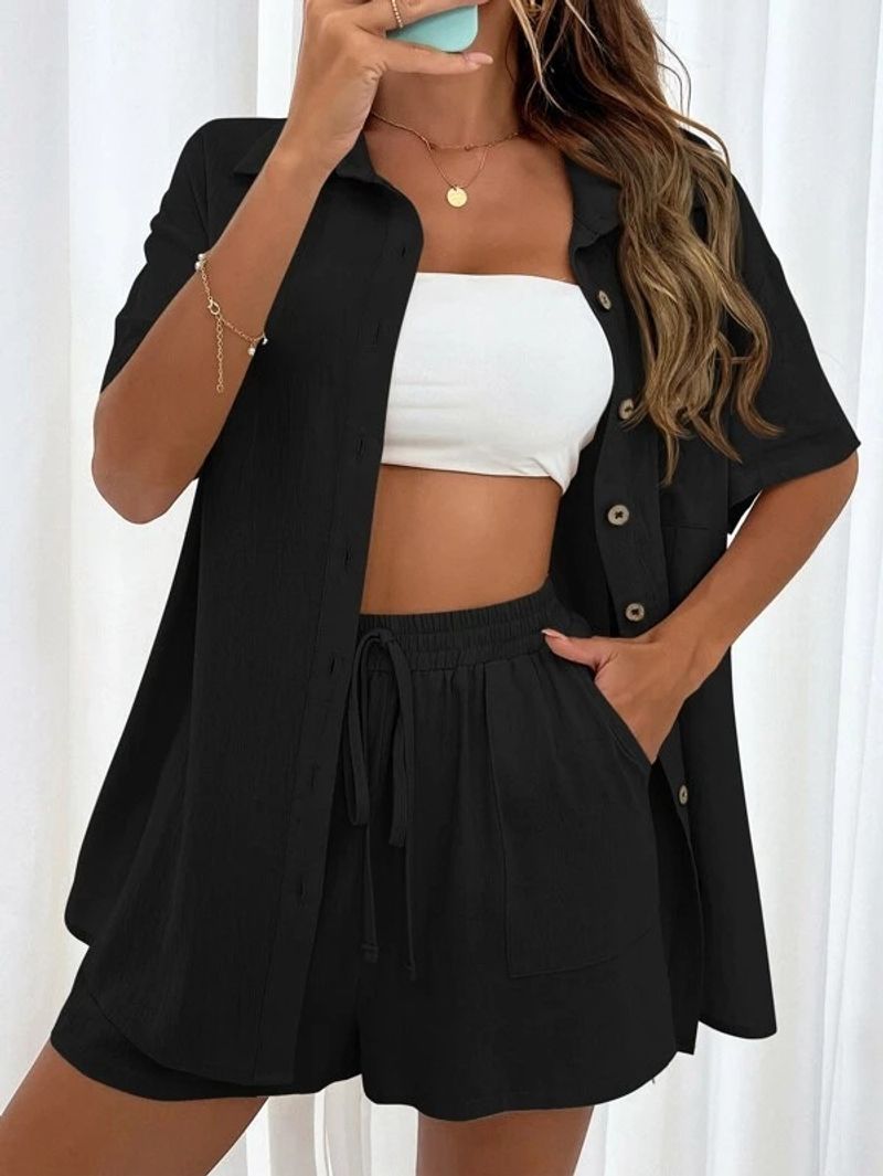 Women's two-piece solid color shirt suit women's casual loose short-sleeved single-breasted_voghion.com