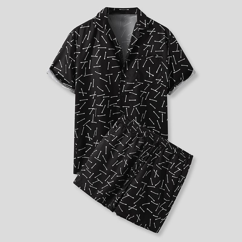 Vêtements de plage hawaïens décontractés pour hommes transfrontaliers européens et américains, costume à manches courtes imprimé en trois couleurs, ensemble deux pièces décontracté_voghion.com