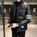 Winter thickened stand-up collar PU leather jacket for boys, trendy and versatile four-stripe slim cotton jacket, bread_voghion.com