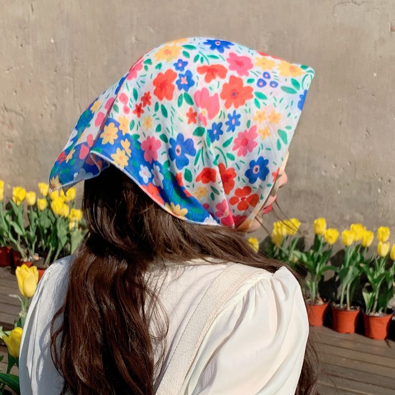 Summer pastoral women's floral cotton linen small square scarf, Korean style fresh headba, beach sun protection_voghion.com