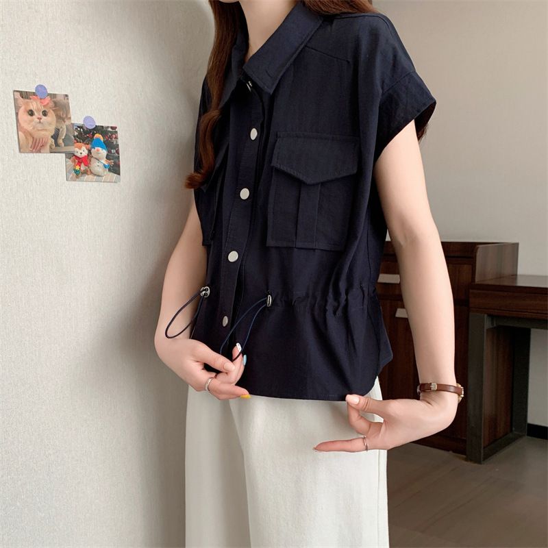 Chemise slim à double poche et cordon de serrage pour femme, nouveau design d'été, style coréen_voghion.com