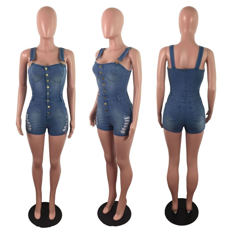 Women's fashion slim-fit romper with white ripped denim shorts_voghion.com