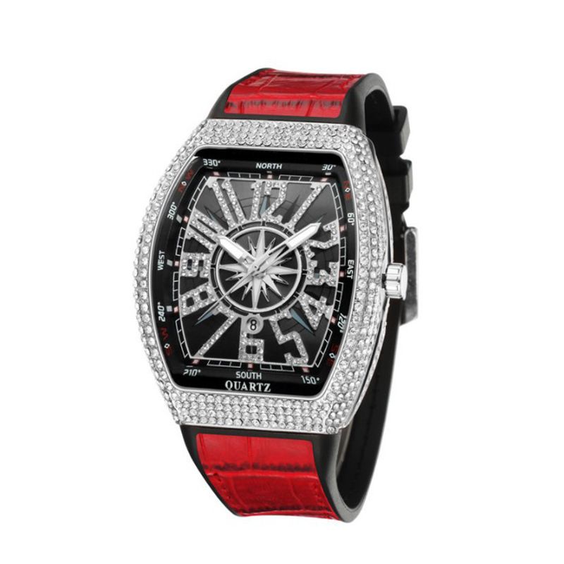 Orologio da polso da uomo con cassa a barilotto, semplice, cinturino in pelle, orologio al quarzo con diamanti incastonati_voghion.com