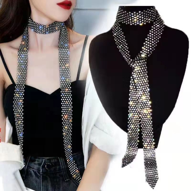 Fashion everything with bright diamond necklace women trend neck chain waist chain network red neck ribbon dance performance rhinestone tie_voghion.com