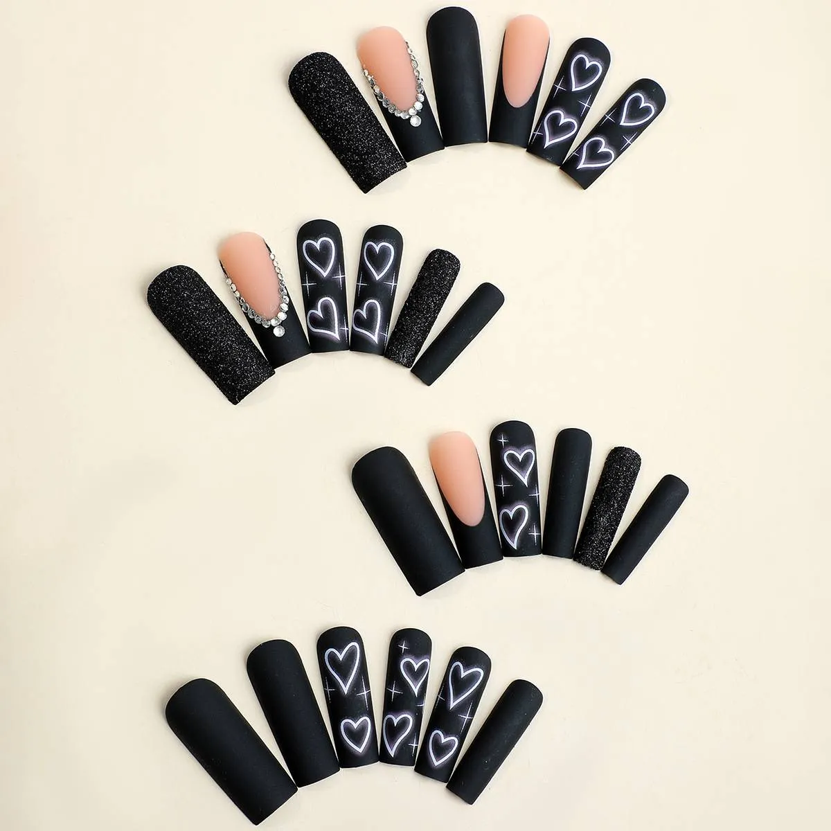 Wear nail plate ultra-long water pipe black love print dot diamond matte glitter nail plate_voghion.com