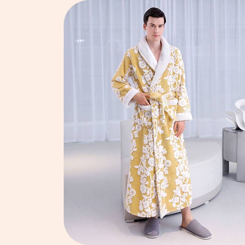 Autumn And Winter Silver Gray Double Layer Thickened Jacquard Comfortable Cotton Velvet Nightgown Long Plush Bathrobe_voghion.com