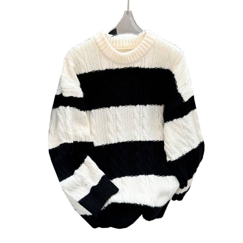 Men's Clothing Lazy Style Contrast Color Sweater Knitted Sweater Winter Loose Thick Warm Sweater Jacket_voghion.com