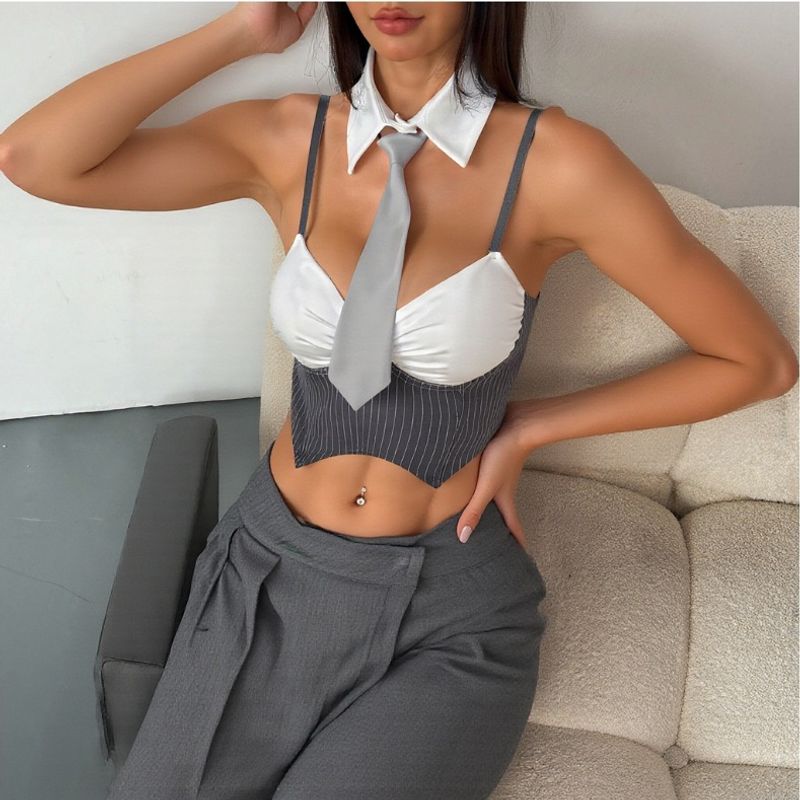Sexy Corset Bustier Top – Teacher Chic & Nightclub Style, Adjustable Neck Tie, S/M/L, Black/Grey​_voghion.com